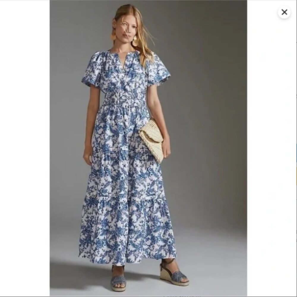 Anthropologie Somerset Blue and White Floral Maxi Dress 3x